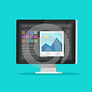 Photo or graphic editor on desktop computer monitor vector icon, flat cartoon pc screen with design or image editing