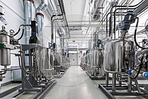 Photo of gray pipes and tanks. Chemistry and medicine production. Pharmaceutical factory. Interior of a high-tech