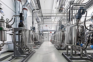 Photo of gray pipes and tanks. Chemistry and medicine production. Pharmaceutical factory. Interior of a high-tech photo