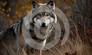 photo of gray wolf in its natural habitat. Generative AI