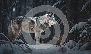 Photo of gray wolf showcasing its wild spirit as it prowls through a snowy forest under soft glow of the moon. lighting highlights