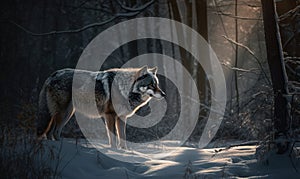 Photo of gray wolf showcasing its wild spirit as it prowls through a snowy forest under soft glow of the moon. lighting highlights