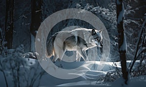 Photo of gray wolf showcasing its wild spirit as it prowls through a snowy forest under soft glow of the moon. lighting highlights