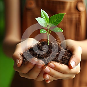 Photo of a green plant in girl hand