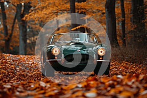 A photo of a green sports car parked on a road covered in fallen leaves, A forest green classic sports car amidst fall foliage, AI