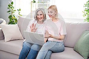 Photo of grey haired retired lady and blonde woman sit sofa look laptop wave hello camera indoors in house