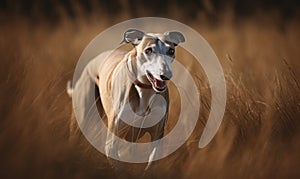 Photo of Greyhound showcasing the breeds speed and elegance as it races through a grassy field. Generative AI