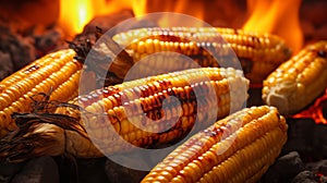 Photo of grilled corn on the cob cooking on a barbecue grill