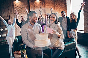 Photo of group best crazy friends visit married couple waiting baby arranging surprise baby party future mom going to