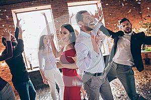 Photo of group friends dance floor spending x-mas corporate company party together couple dancing back-to-back excited