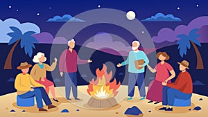 A photo of a group of golden agers gathered around a bonfire on a sandy beach roasting marshmallows and swapping travel photo