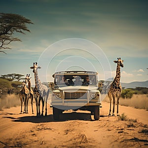 Photo of a group of people riding on the back of a truck. Giraffes arround on safary in Africa