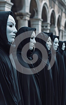 photo of a group of people wearing expressionless white masks and black hooded robes