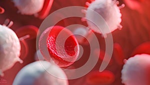 In this photo, a group of red and white blood cells can be seen flowing through a blood stream, Vivid, macro view of a group of