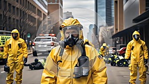 photo of group of responders with hazmat suits after cbrn incident, with backround city