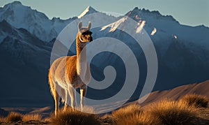 Photo of guanaco Lama guanicoe standing majestically on windswept Andean plateau with snow-capped mountains & clear blue sky in