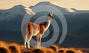 Photo of guanaco Lama guanicoe standing majestically on windswept Andean plateau with snow-capped mountains & clear blue sky in