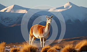 Photo of guanaco Lama guanicoe standing majestically on windswept Andean plateau with snow-capped mountains & clear blue sky in