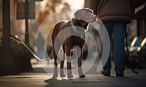 photo of guide dog as a working dog sitting and waiting for his master on a city street. Generative AI