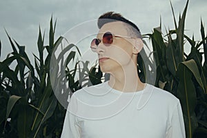 Photo of a guy in fashionable sunglasses. A man in a corn field with leaves. Evening photo with flash