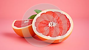 Photo of a halved grapefruit on a vibrant pink background