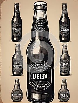 Photo Of Hand Drawn Vintage Bottle Of Beer, Sketch Style, Illustration, Tshirt Print, Poster, Logo, Hipster, Retro . Generative AI