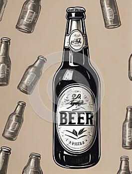 Photo Of Hand Drawn Vintage Bottle Of Beer, Sketch Style, Illustration, Tshirt Print, Poster, Logo, Hipster, Retro . Generative AI