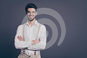 Photo of handsome business man hands crossed toothy beaming smiling young chief dressed formalwear white shirt beige