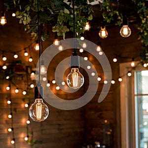 Hanging light bulbs glowing warmly, adding cozy and inviting ambiance photo