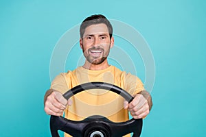 Photo of happy brunet hair man holding steering wheel his first automobile renault with good price isolated on