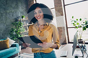 Photo of happy cheerful lady lawyer wear shirt smiling reading working case indoors workplace workshop