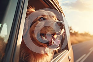 Photo of a happy dog enjoying a car ride with its head out of the window