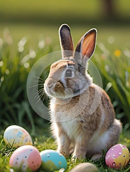 Photo Of Happy Easter! Eastern Cute Easter Bunny Meadow, Rabbit, Grass, Nature, Easter Eggs, Ostern, Eastern Decora. Generative AI