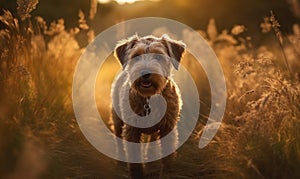 photo of happy Lakeland terrier standing in tall grass at sunset. Generative AI