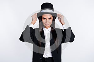 Photo of happy lovely smiling charming woman magician sorcerer with hat cylinder isolated on white color background