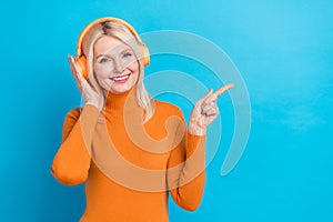 Photo of happy meloman retired woman listen apple airpods pro finger direct mockup itunes new soundtrack isolated on photo