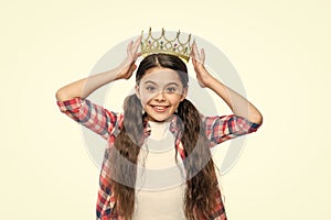 photo of happy teen girl in princess crown. teen girl in crown isolated on white. teen girl