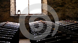 Photo of historical wine barrels in window