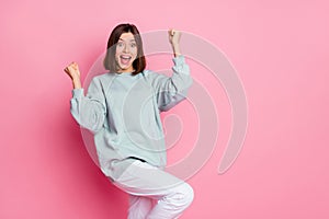 Photo of hooray millennial lady yell wear blue hoodie isolated on pink color background