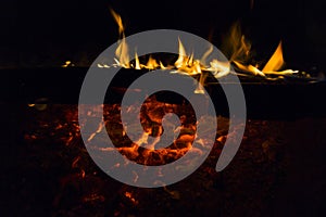 Photo of hot sparking live-coals burning, spark of bonfire