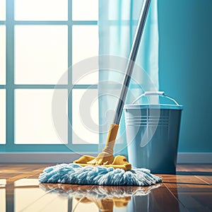 Photo Household cleanliness Conceptual image of floor mop and bucket