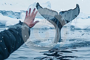 Photo of a human hand touching the icy water, with a massive whale waving