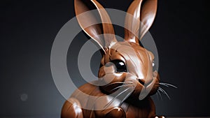 Photo Of A Hyperrealistic Image Of A Bunnyshaped Chocolate Sculpture Against A Dark Background. Generative AI