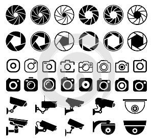 Photo icon set, photo camera lens diaphragm, photo gallery, video camera, image, security surveillance, film lens or snap optics