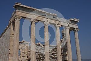 Photo of iconic Erechtheion with famous Caryatids, Acropolis hill, Athens historic center, Attica, Greece