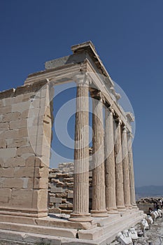 Photo of iconic Erechtheion with famous Caryatids, Acropolis hill, Athens historic center, Attica, Greece