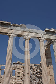 Photo of iconic Erechtheion with famous Caryatids, Acropolis hill, Athens historic center, Attica, Greece