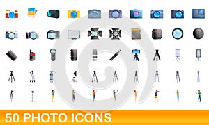 50 photo icons set, cartoon style