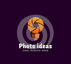 Photo Ideas Abstract Vector Logo Template. Shutter and Light Bulb Concept Symbol. Diaphragm Icon. Photography Sign