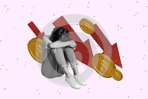 Photo image collage sitting yung girl arrows direction money loss funds depression sad upset apathy crisis failure photo